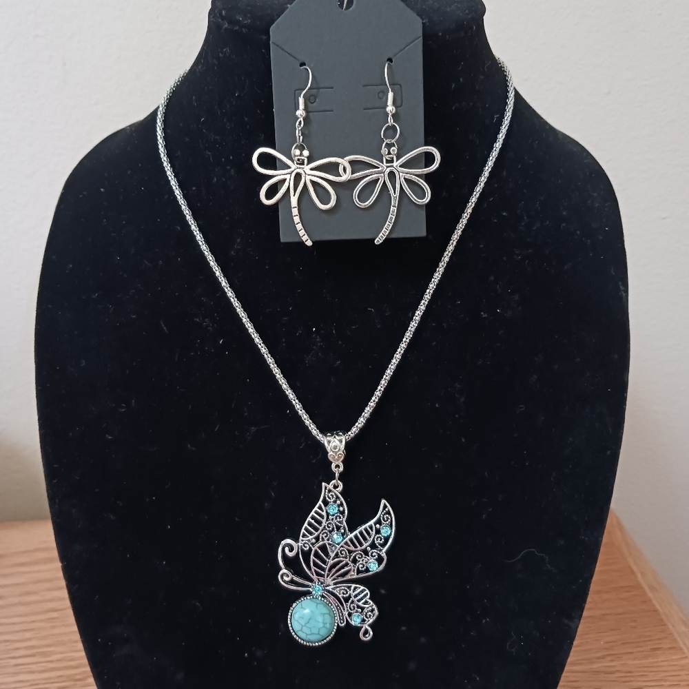 2 item-FAUX TURQUOISE BUTTERFLY GEMSTONE SILVERTONE NECKLACE & DRAGONFLY EARRING